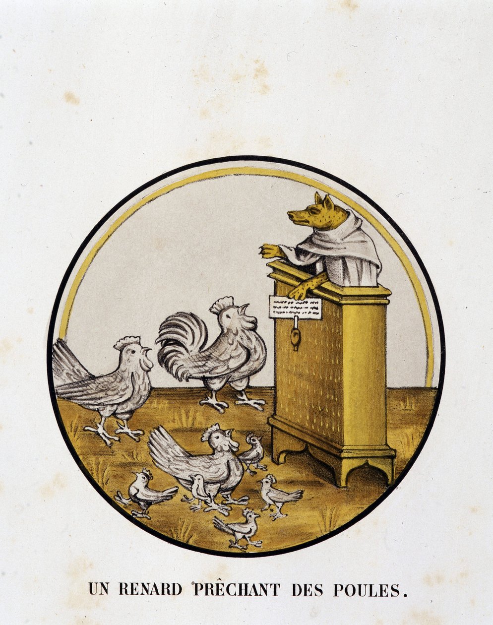 Un zorro predicando a las gallinas (novela de Renart) - caricatura religiosa, Limoges de Unknown artist