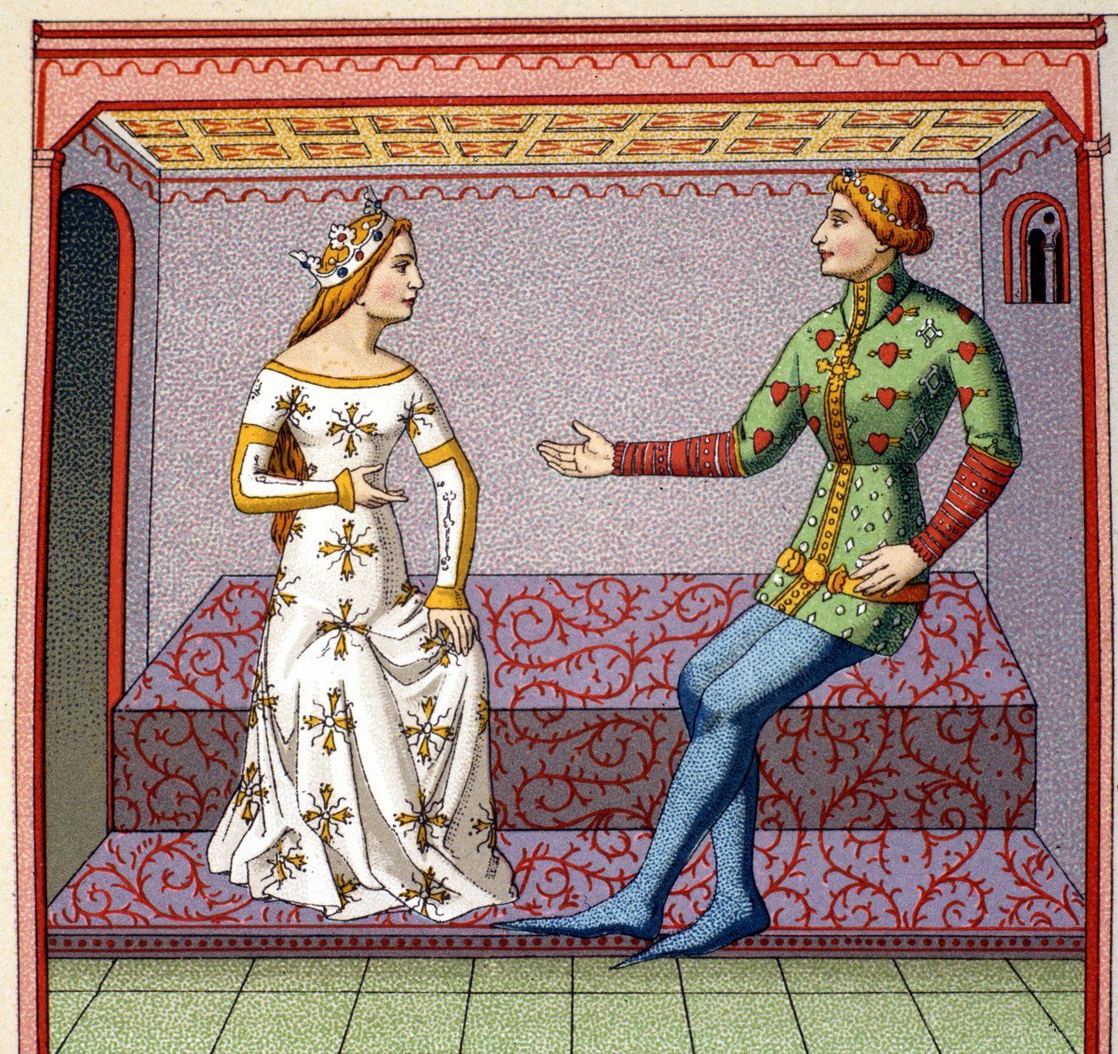 Una escena galante en la Edad Media: un joven corteja a una princesa. Falso colegio después de un manuscrito. Siglo XIX. de Unknown artist