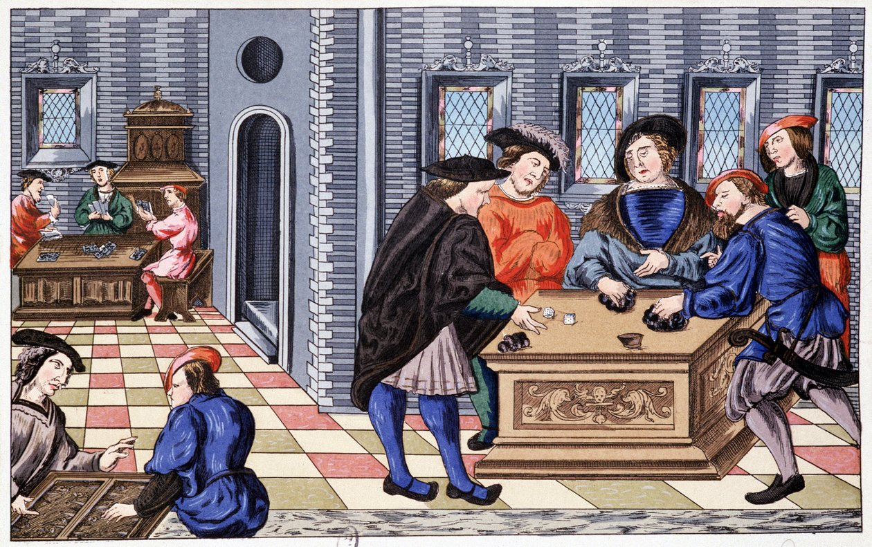 Una casa de juegos en la era del Renacimiento basada en una miniatura sobre Vellum: juego de ahora en adelante. Cromolitografía del siglo XIX de Unknown artist