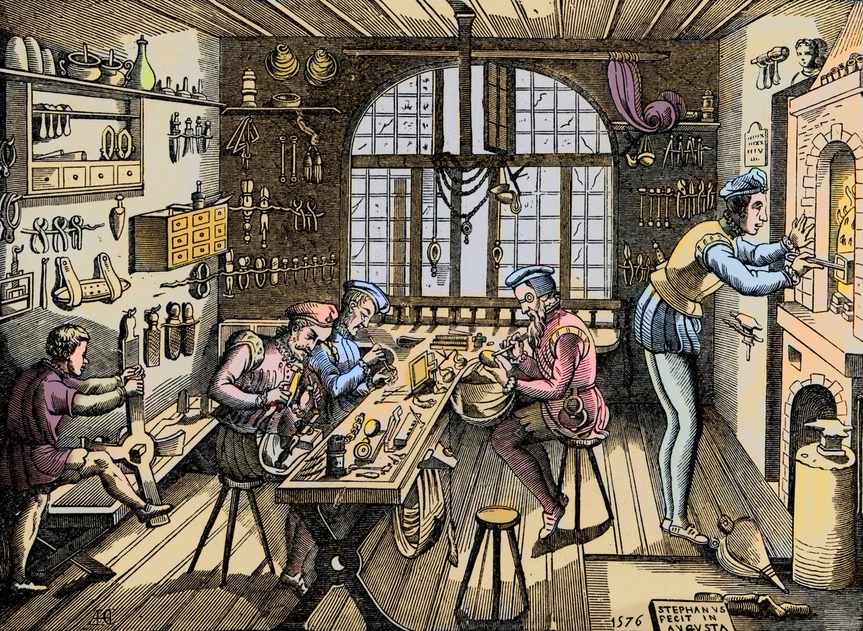 Taller de un orfebre - Artesanía: vista del taller por Etienne Delaune, orfebre e impresor francés. Grabado después de un original de 1576. Taller de Etienne Delaune, un orfebre en París de Unknown artist