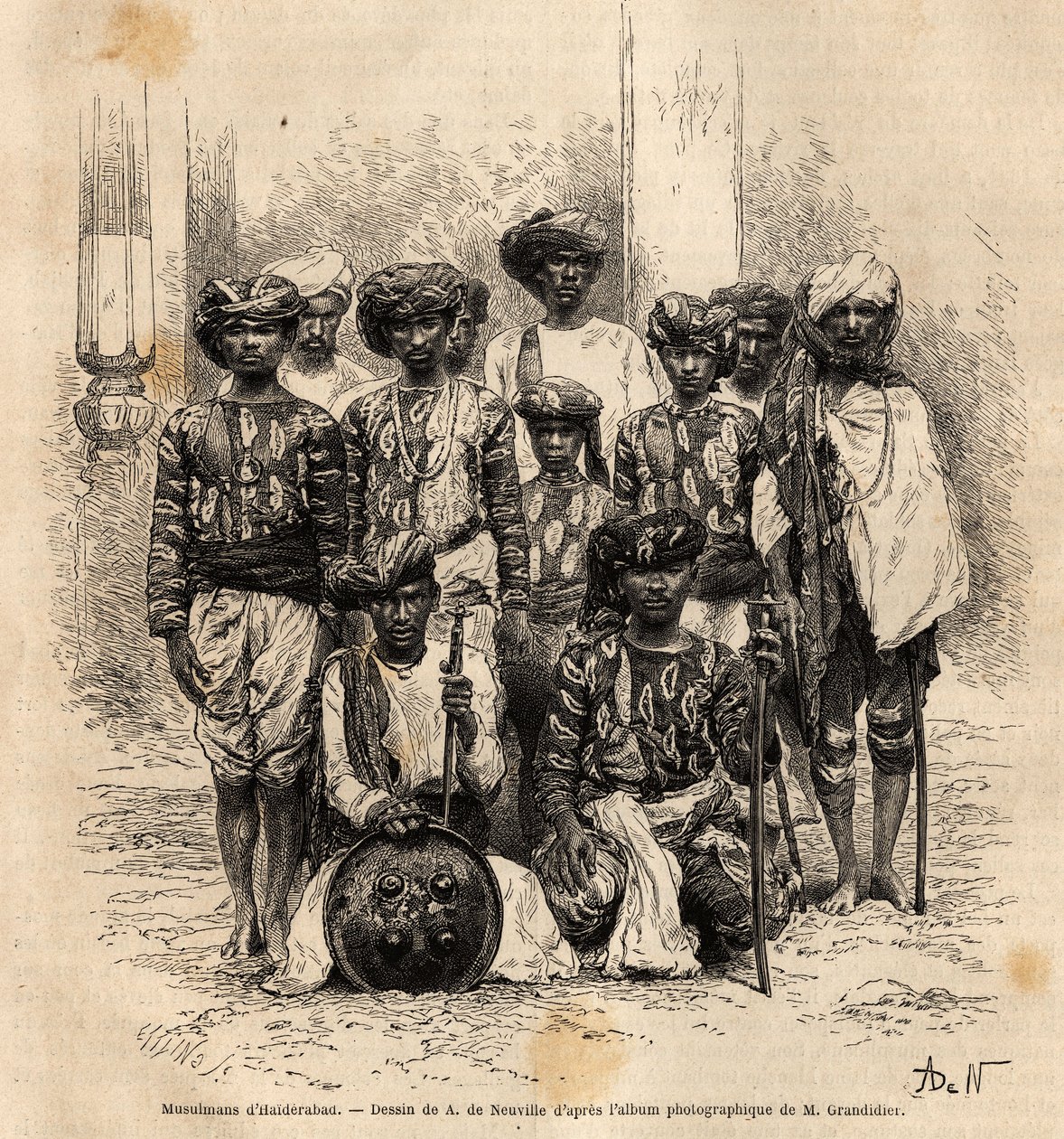 Un grupo de hombres musulmanes en Haiderabad, Pakistán. Grabado para ilustrar el viaje en las provincias meridionales de la India, por Alfred Grandidier, en 1862-1864, publicado en "le tour du monde", bajo la dirección de D