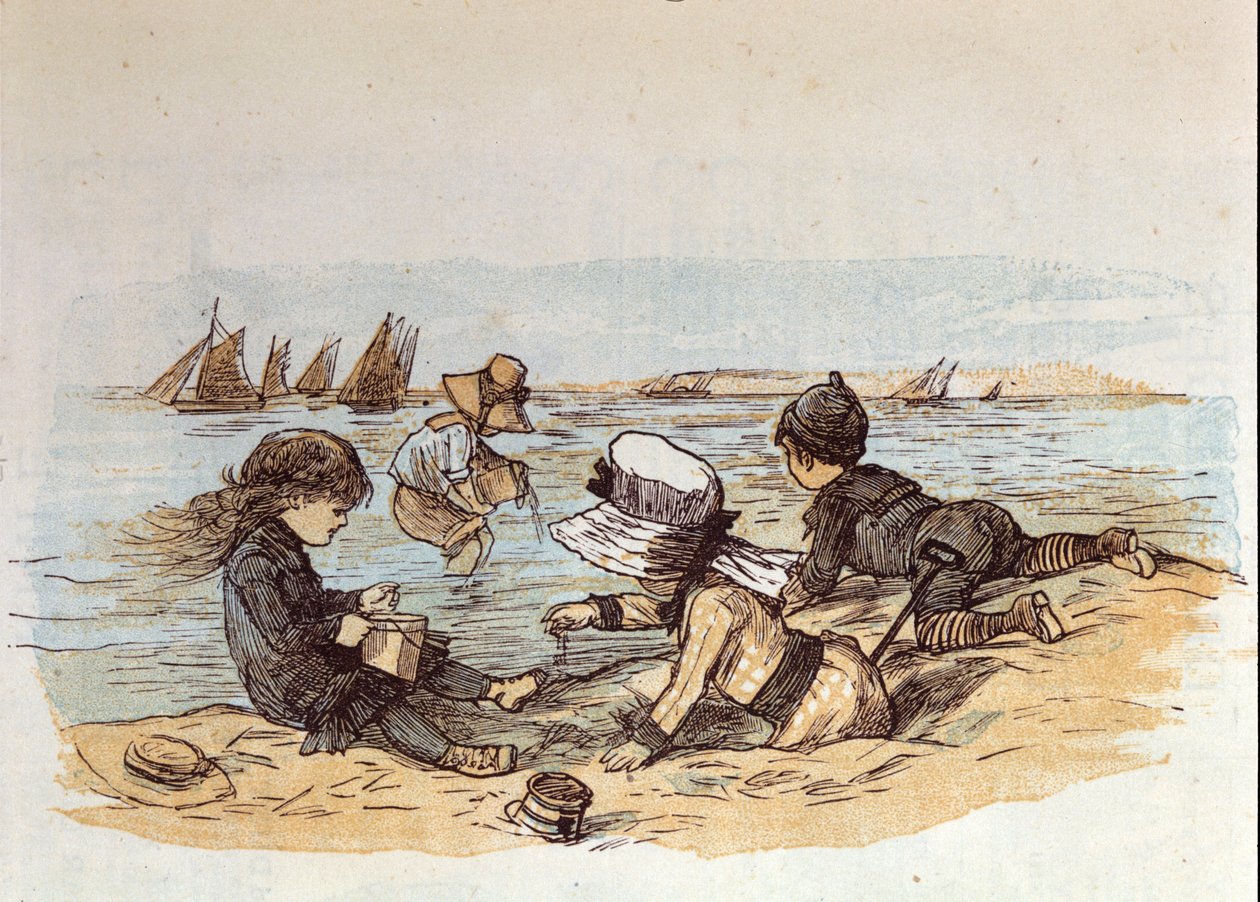 Un grupo de niños jugando junto al agua en la arena. 1881 de Unknown artist