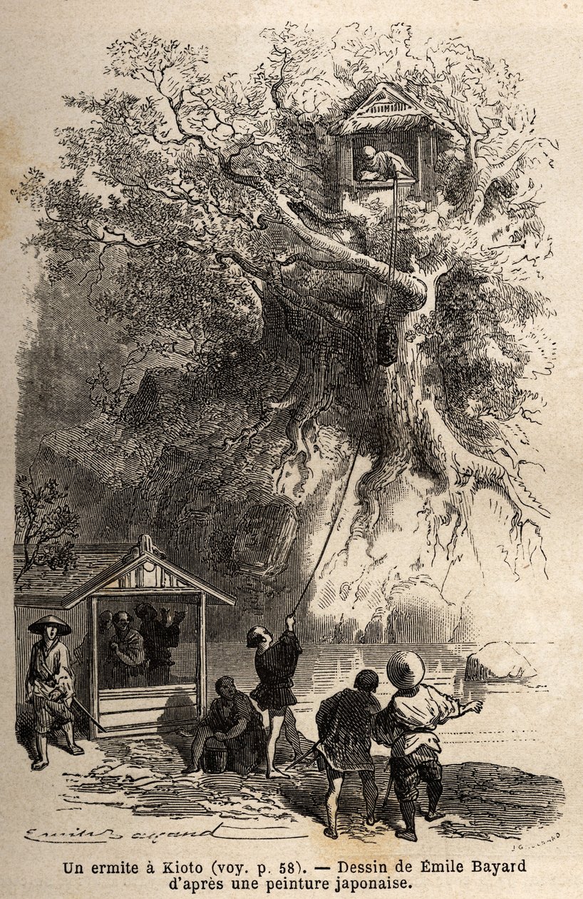 Un ermitaño en Kioto, aislado en una cabaña en las ramas de un árbol, en una pequeña isla, el ermitaño solo puede contar con la generosidad de los habitantes de la región que le proporcionan su comida; frente a su árbol, un pequeño pabellón recibe visitant de Unknown artist