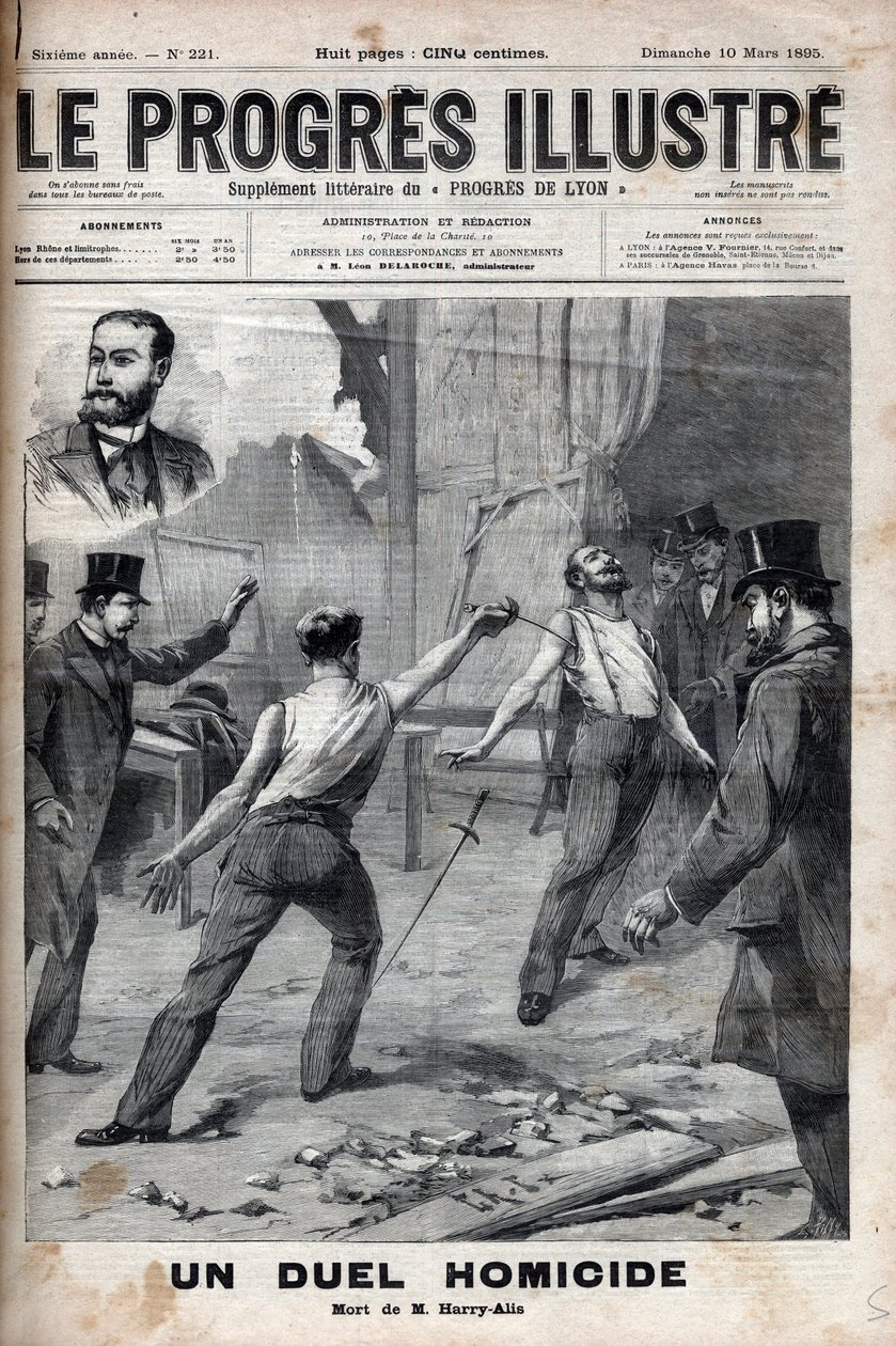 Un duelo homicida - El 1 de marzo de 1895, un duelo con la lanza entre dos miembros del Comité de África Francesa, que anteriormente eran buenos camaradas, Alfred Le Chatelier e Hippolyte Percher, alias Harry Alis de Unknown artist