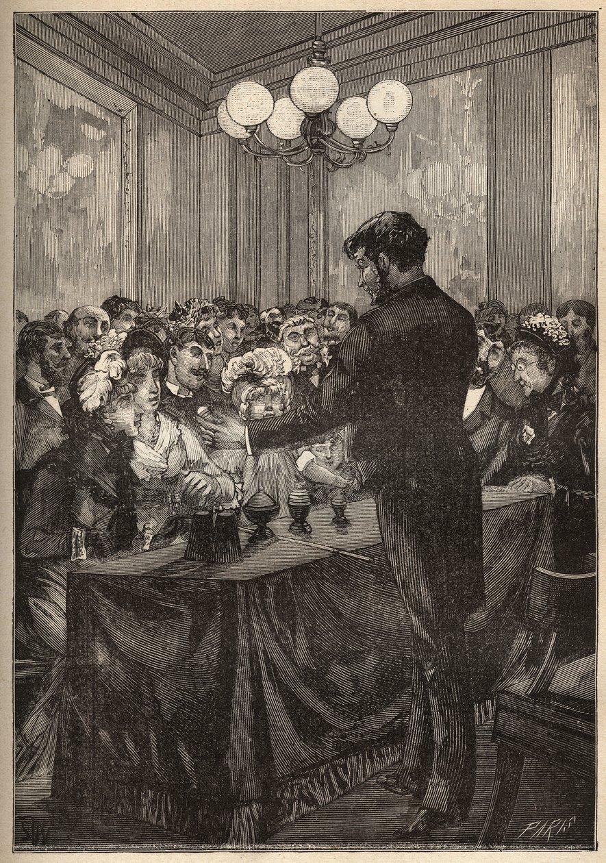 Un mago usando una caja de nuez moscada para hacer aparecer y desaparecer una bola. Grabado de 1885 en "Les arts et metiers illustres" por Adolphe BITARD de Unknown artist
