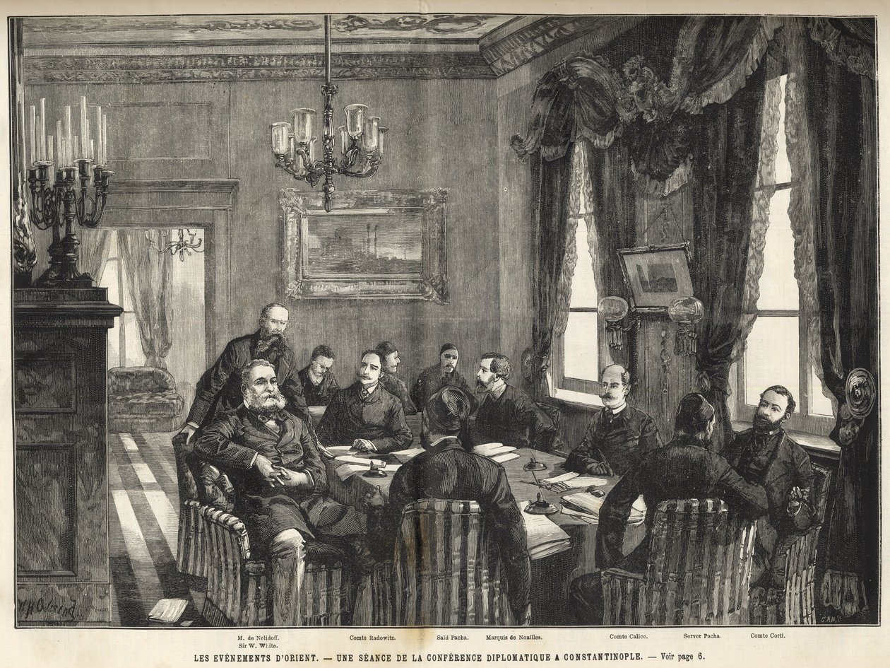 Una reunión de la Conferencia Europea de Constantinopla Guerra Serbia-Búlgara, Turquía - Guerra Serbo-Búlgara - Una reunión de la conferencia diplomática en Constantinopla - 1885 - en el universo ilustre de 1886 (Alexander de Nalidov (Nelidoff) (1835-1910) de Unknown artist
