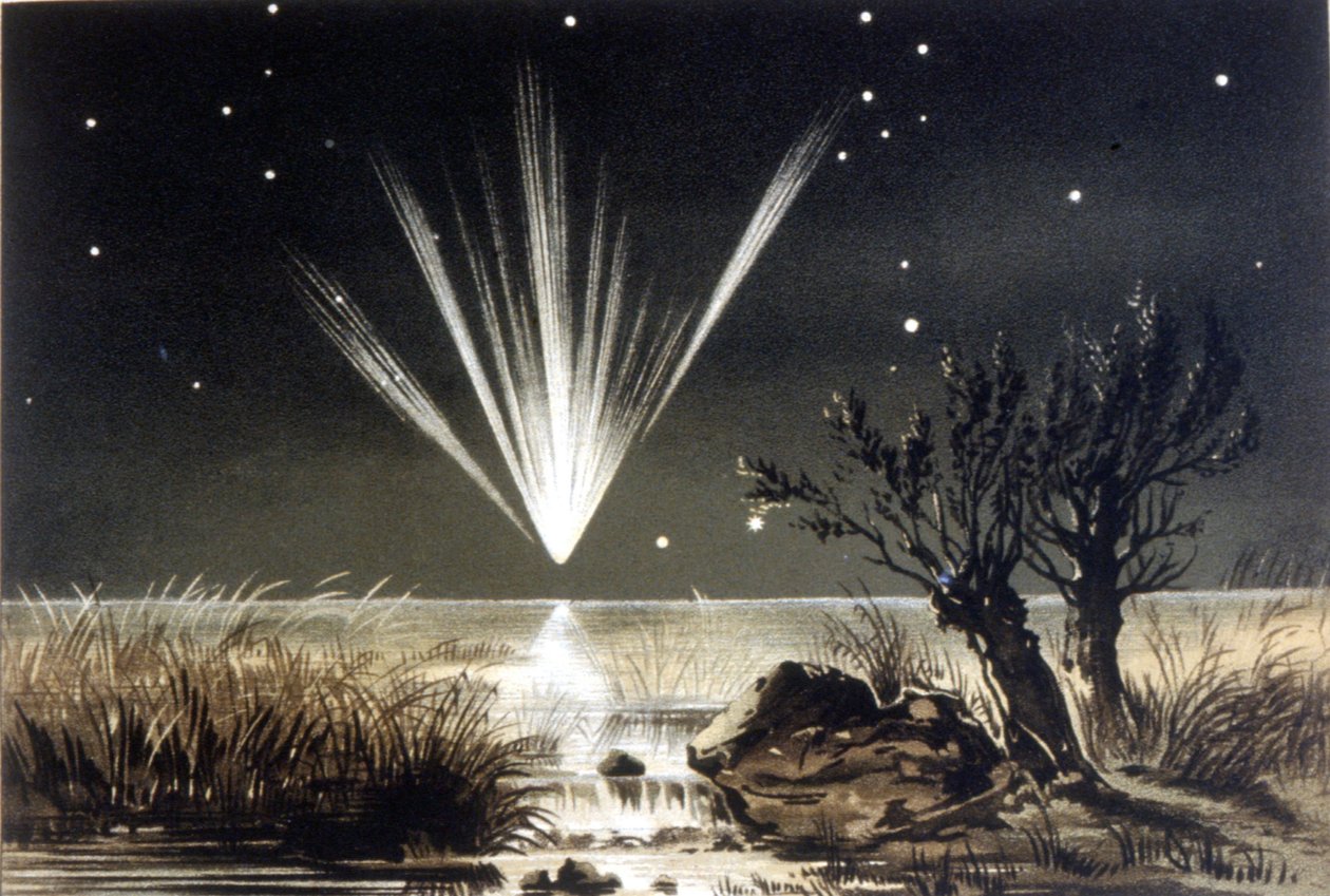 Un meteorito cayendo al mar. Litografía en color de finales del siglo XIX de Unknown artist