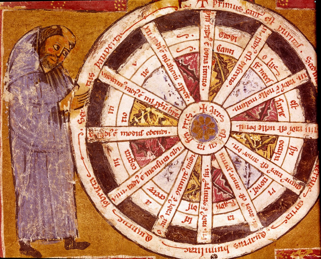 Un monje cerca de la rueda de la vida religiosa. Miniatura de las “Obras” de Hugo de Sancto Victore (Hugo de San Víctor) (ca. 1096-1141) siglo XII Biblioteca Governativa, Cremona de Unknown artist
