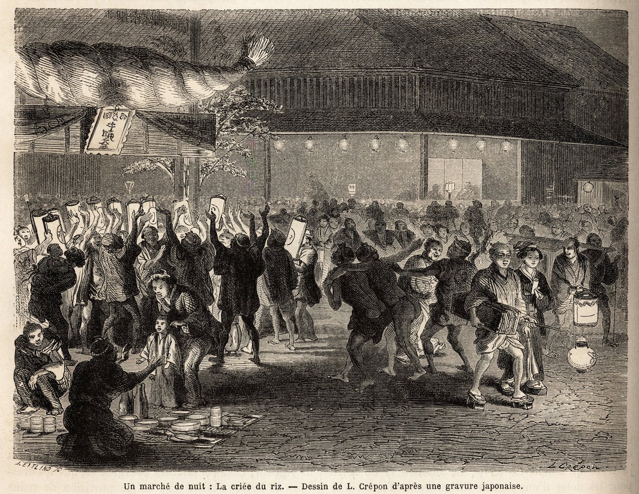 Un paseo nocturno en Edo (Tokio), la subasta de arroz, venta de una cosecha, que crea una tumultuosa reunión frente a un edificio coronado por una enorme antorcha de paja trenzada, con un cartel con letras doradas y el escudo de armas del recolector. de Unknown artist
