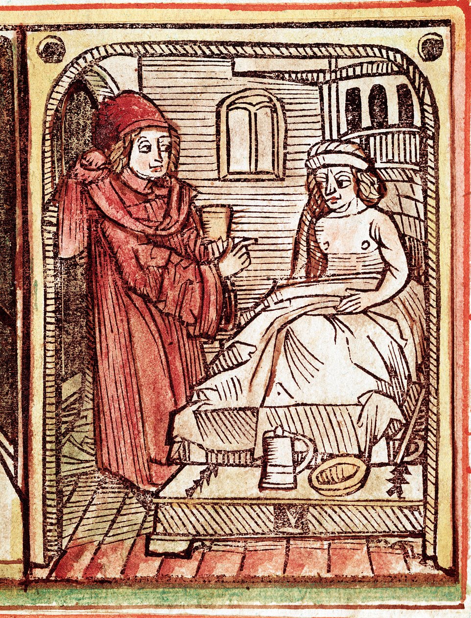 Un médico da a su paciente un tratamiento hecho con plantas medicinales. Grabado de "Tractatus de pestilentia". Siglo XV - Praga, Biblioteca Nacional de Unknown artist