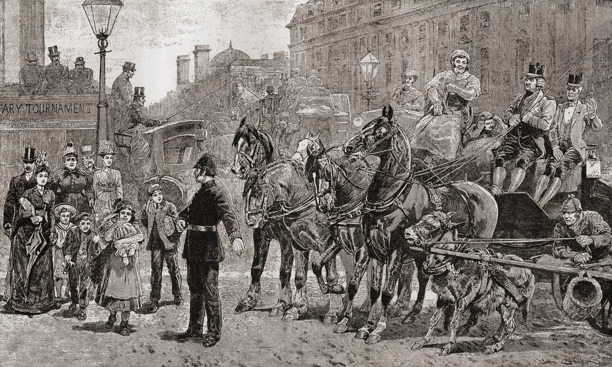 Un policía detiene el tráfico en un cruce muy transitado para permitir que los peatones crucen la carretera, Londres, Inglaterra. de Unknown artist