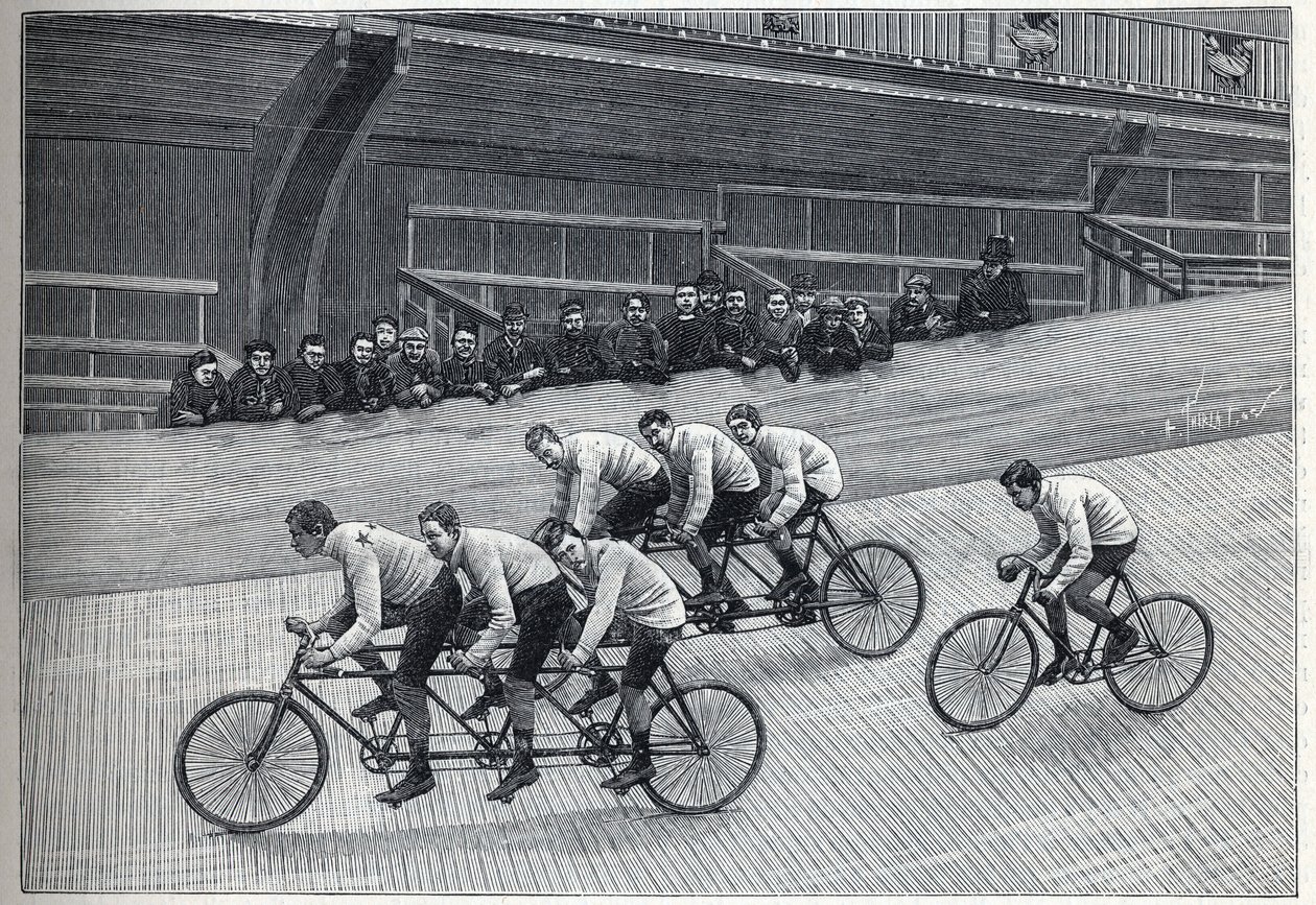 Un ciclista récord con sus entrenadores en trenes tripletes en una pista de bicicletas. Grabado en “La Nature” de Unknown artist