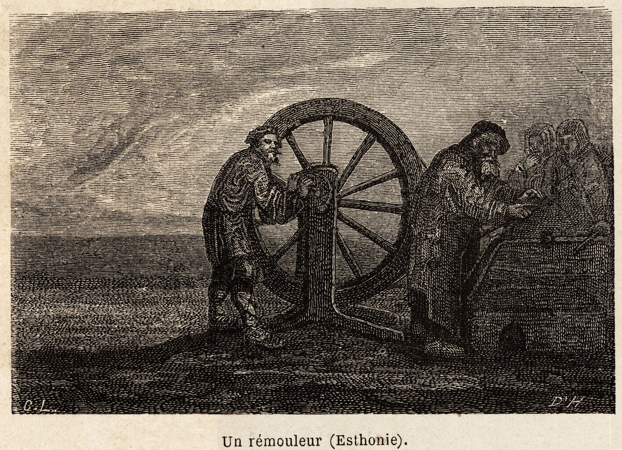Un removedor en Estonia. Dibujo de Henriet, para ilustrar su viaje a las provincias bálticas rusas en 1851-54. Grabado en 