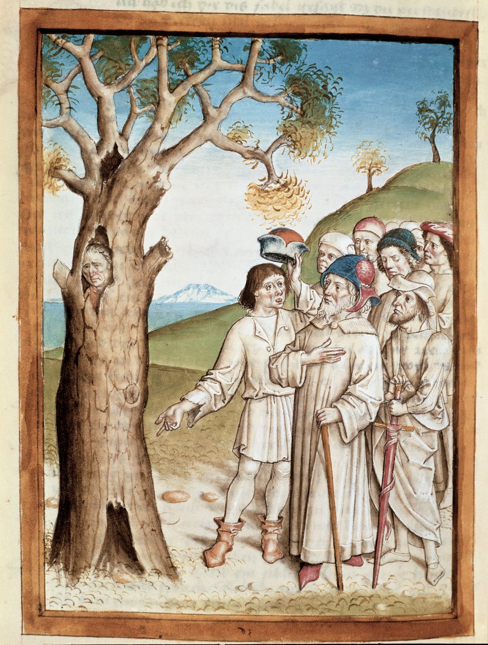 Un hombre se esconde en un tronco de árbol en miniatura de una traducción alemana de las fábulas de Bidpai “Kalila y Dimna” de Unknown artist