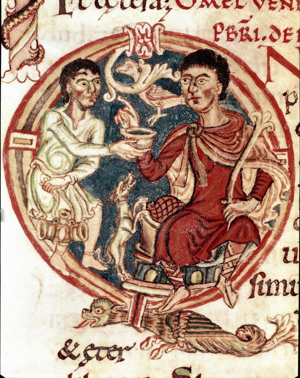 Un sirviente sirviendo de beber al señor. Miniatura del Leccionario de la Catedral de Reims, siglo XI de Unknown artist