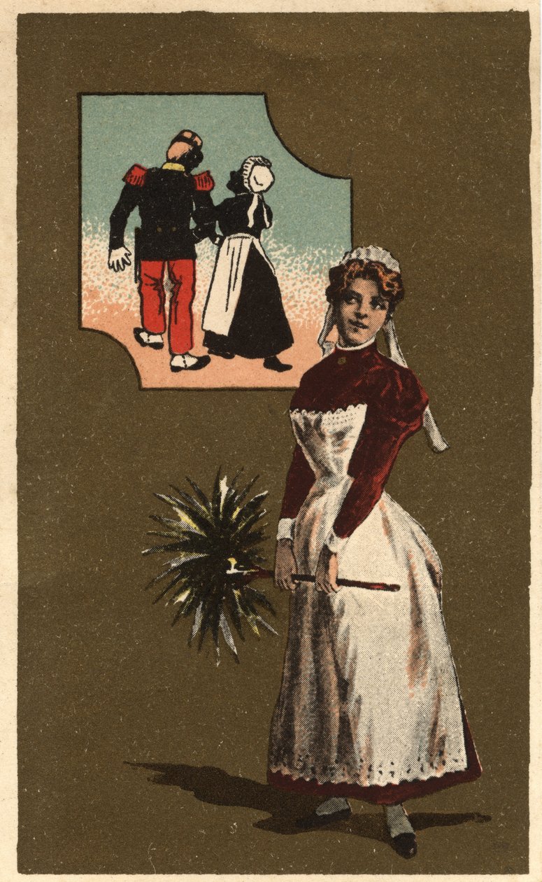 Una sirvienta con una pluma. Ella sueña con el brazo de un apuesto soldado. Cromolitografía anónima, finales del siglo XIX. de Unknown artist
