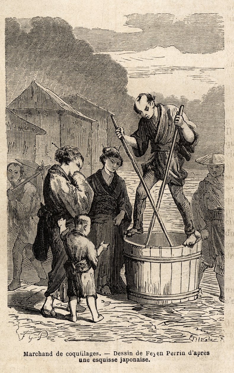 Un vendedor de conchas en medio de la calle se equilibra sobre el barril que contiene sus mercancías, que remolca con dos largos palillos. Grabado para ilustrar el viaje a Japón, en 1863-1864, por Aime Humbert, ministro de la Confederación Suiza, en "Le to de Unknown artist
