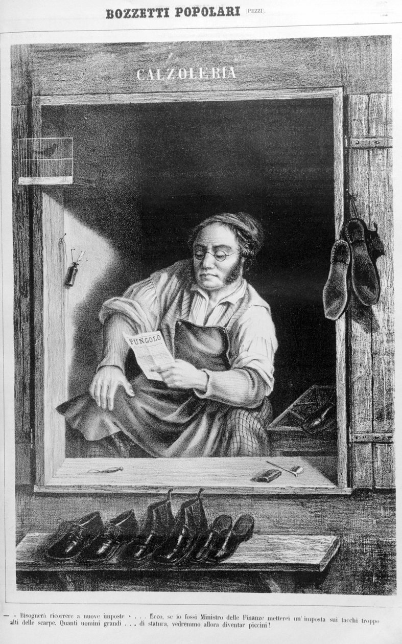 Un zapatero en el siglo XIX: Si ponemos impuestos a los tacones demasiado altos, ¿cuántos hombres altos se volverían pequeños...? de Unknown artist
