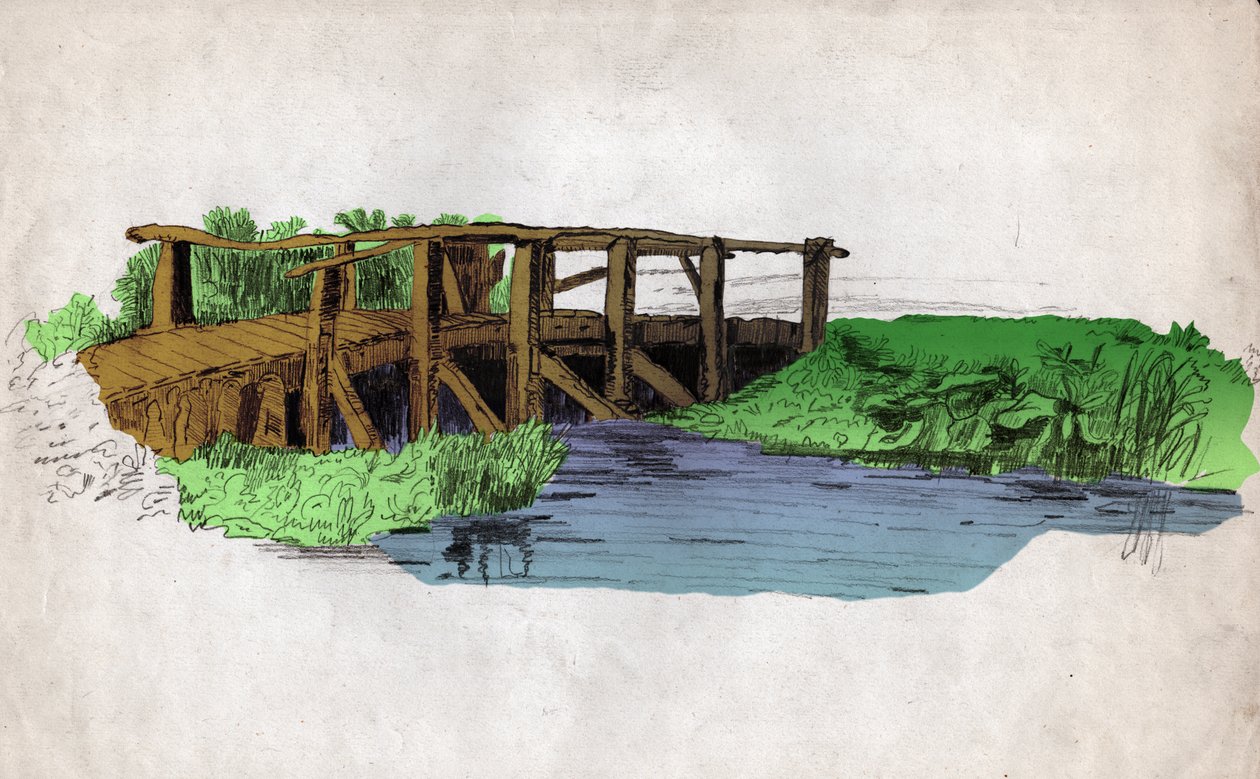 Un pequeño puente de madera sobre un río de Unknown artist