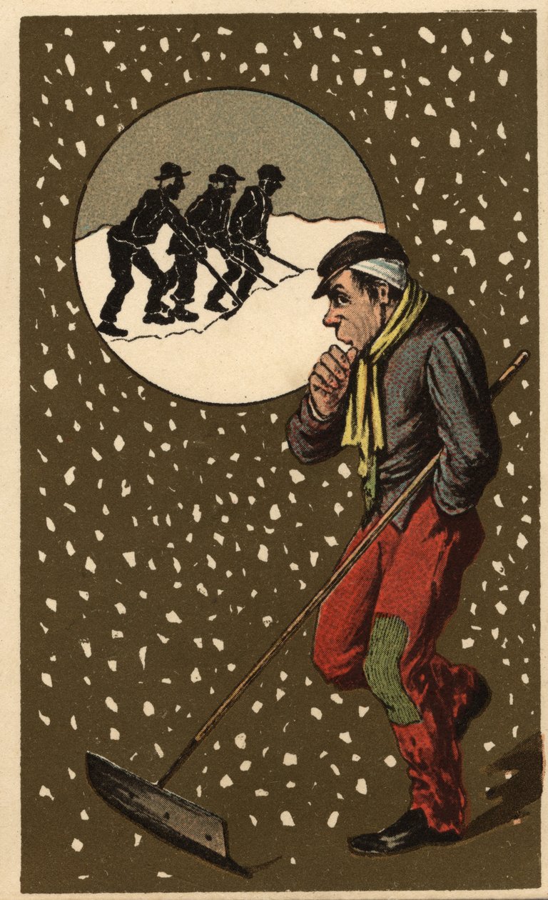 Un recolector de nieve con su pala. Cromolitografía anónima, finales del siglo XIX. de Unknown artist