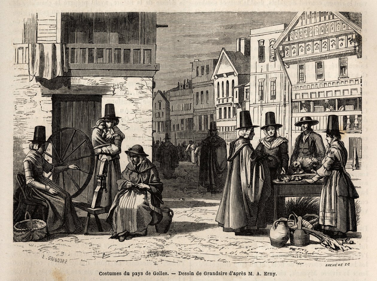 Una calle en Gales, con lugareños vestidos con trajes tradicionales y actividades cotidianas: una familia de primera mano y mujeres hilando lana con ruedas. Grabado para ilustrar un viaje en el país de Gales, en 1862, por Alfred Erny, en "Le tour du monde, de Unknown artist
