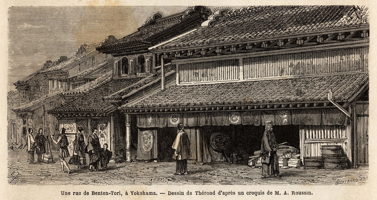 Una calle de Benten Tori, con animación de transeúntes y porteadores, un antiguo pueblo pesquero donde se honraba a la diosa del mar Benten, pero este pueblo fue anexado por el desarrollo urbano de Yokohama; un tori, no es una puerta sagrada que anuncia el de Unknown artist