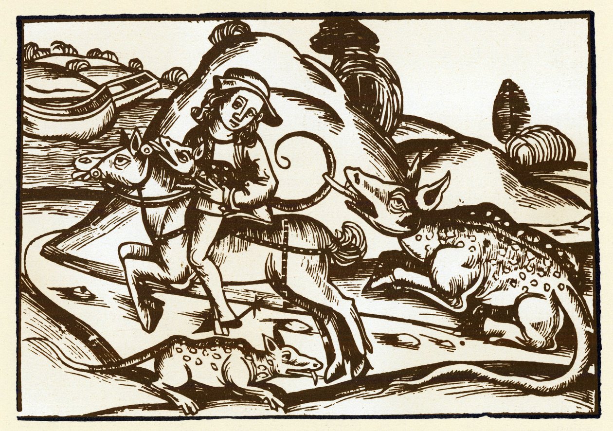 Un viajero se encuentra con dos tigres monstruosos con aspecto de Basílica. Las fábulas de Esopo (grabado, finales del siglo XV) de Unknown artist
