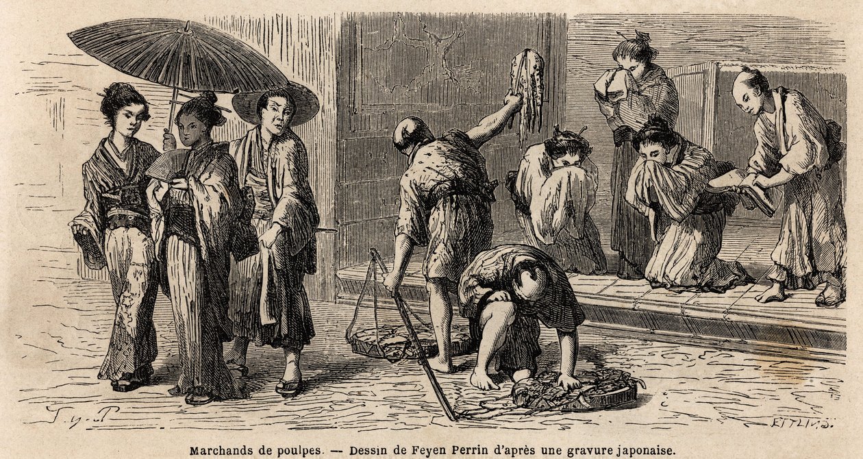 Un vendedor ambulante de pulpos ofrece sus productos a los transeúntes, en la calle Edo (o calle Yedo, ahora Tokio). Grabado para ilustrar el viaje a Japón en 1863-1864, por Aime Humbert, ministro de la Confederación Suiza, en “Le tour du monde, nouveau jo de Unknown artist