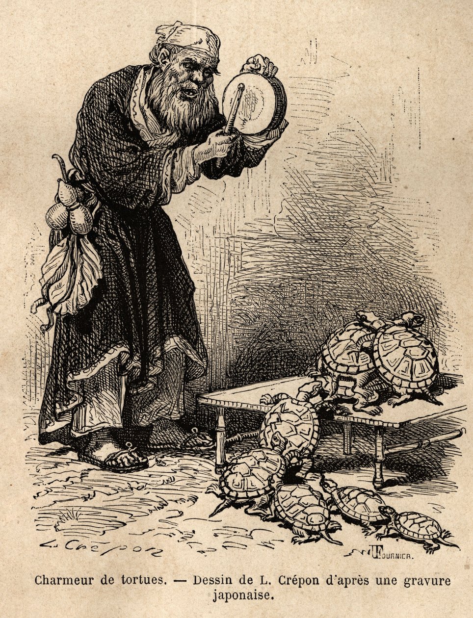 Un encantador de tortugas, perteneciente al intermedio jam entre mendigos y charlatanes de hadas. Grabado para ilustrar el viaje a Japón, por Aime Humbert, ministro de la Confederación Suiza, en 1863-1864, publicado en “Le tour du monde”. de Unknown artist