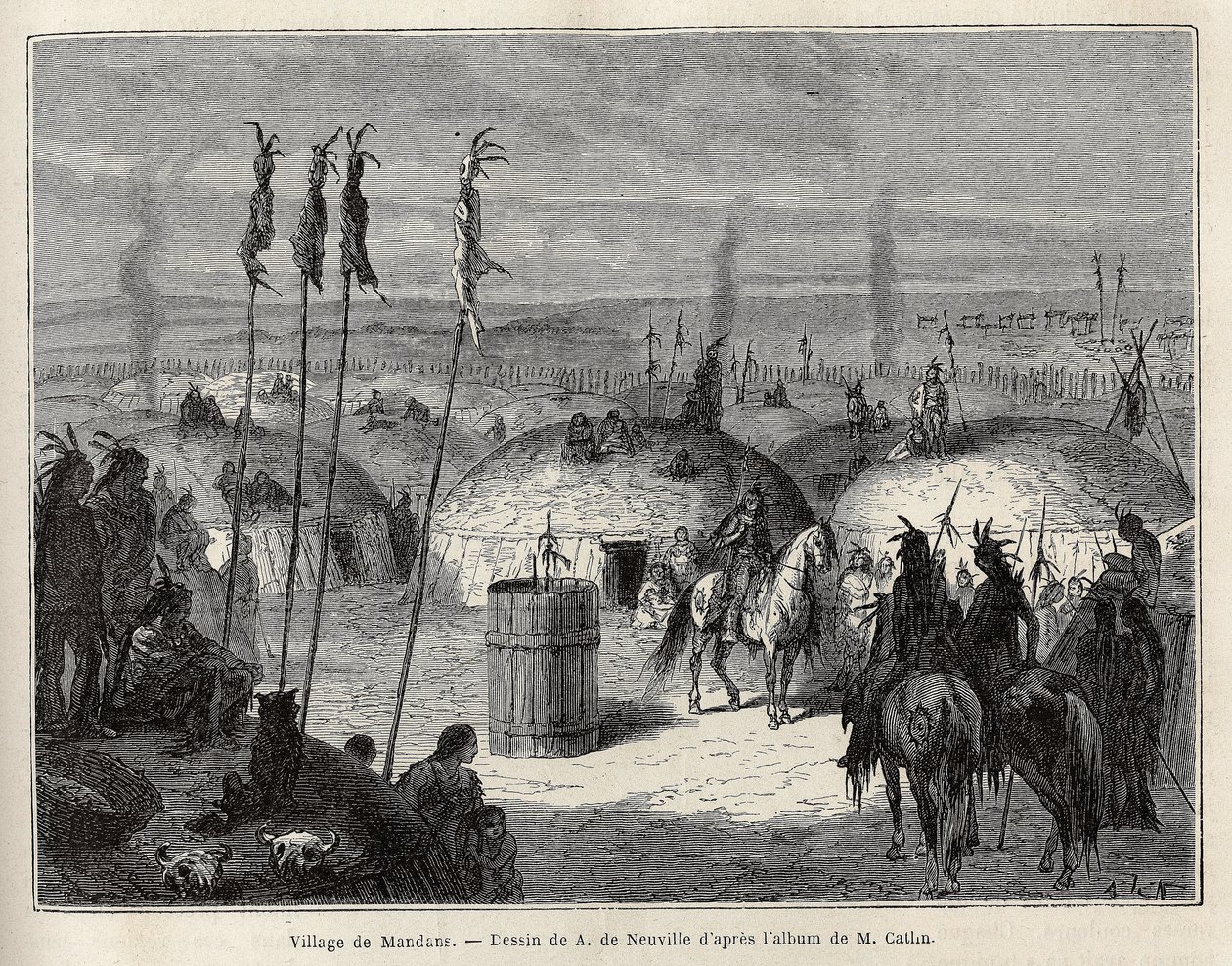 Un pueblo de indios Mandans (o noumah ka kie: faisanes) en la orilla izquierda del Missouri, a 600 leguas de la ciudad de Saint Louis. Grabado para ilustrar una excursión entre las tribus indias de las cuencas de Colombia y el Alto Missouri, por G. Catlin, de Unknown artist