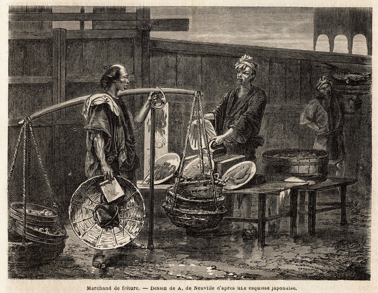 Un vendedor ambulante de frituras, lleva sus donas en cestas, y viaja al mercado para vender, a los otros comerciantes, el almuerzo. Grabado para ilustrar el viaje a Japón, en 1863-1864, por Aime Humbert, ministro de la Confederación Suiza, en “Le tour du  de Unknown artist