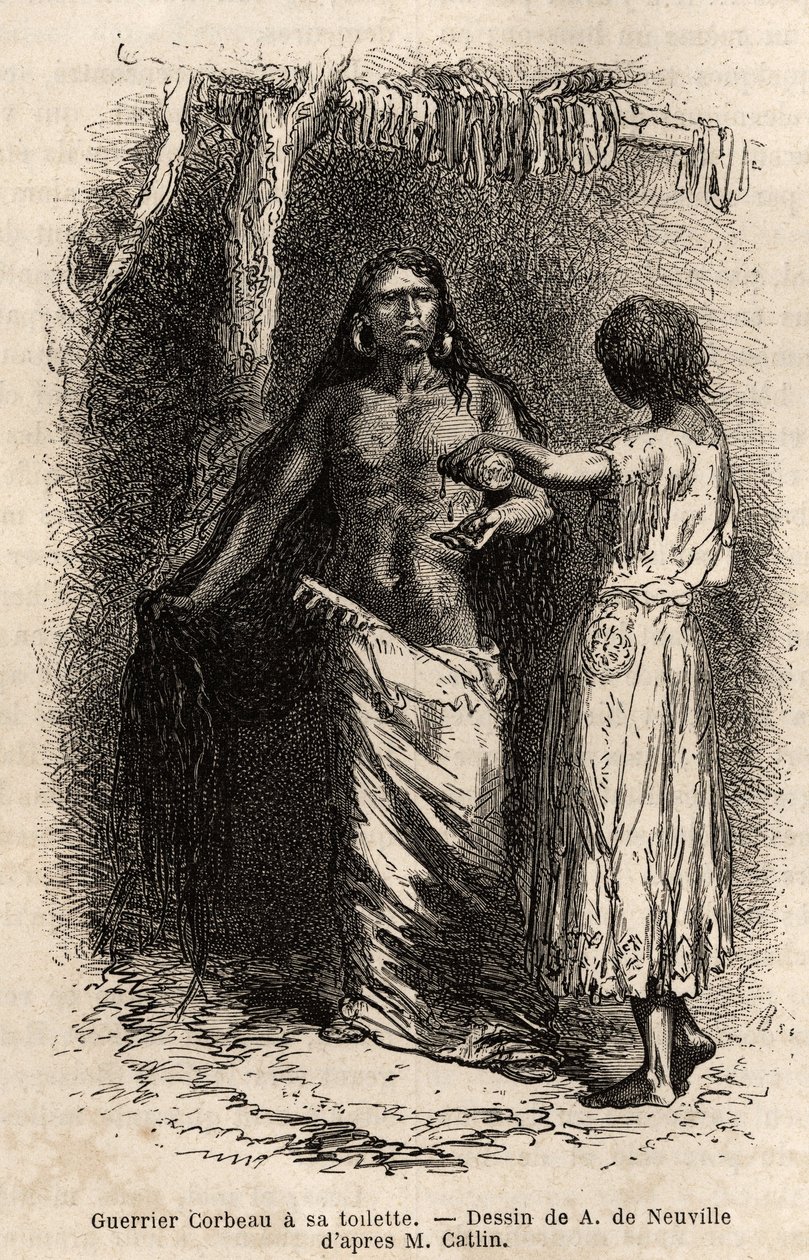 Un guerrero de la tribu india Crow (cuervos), que vive a lo largo del río Lewis, haciendo su aseo. Grabado para ilustrar una excursión entre las tribus indias de las cuencas de Colombia y el Alto Missouri, por G. Catlin, en 1855, publicado en "le tour du m de Unknown artist