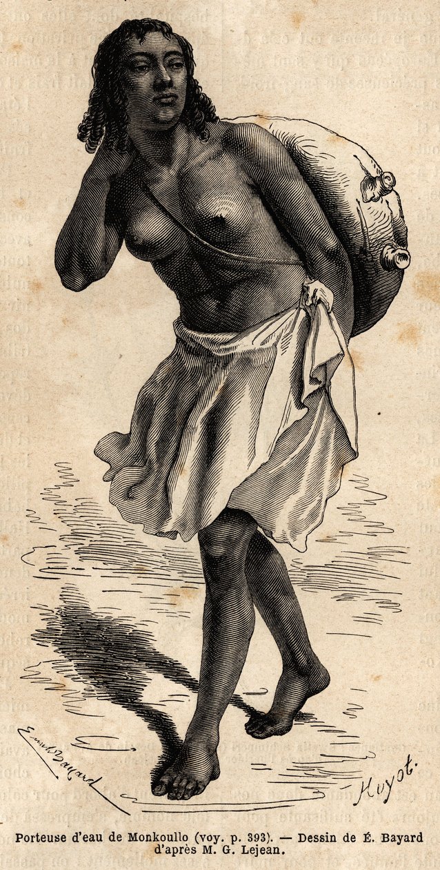 Un aguador de Monkoullo, una mujer samhariana (Etiopía), llevando una parte superior de cuero colgada de una larga cuerda de fibra de palma, que vacía en un gran tanque de arcilla para dar de beber a la bestia. Grabado para ilustrar el viaje a Abisinia, en de Unknown artist