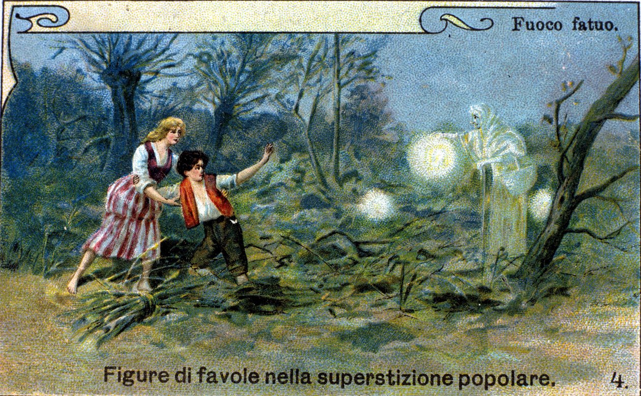 Un fuego fatuo, una luz difusa que se puede ver por la noche cerca de los pantanos y cementerios, sería un espíritu astuto de la tradición popular. Cromolitografía del siglo XIX de Unknown artist