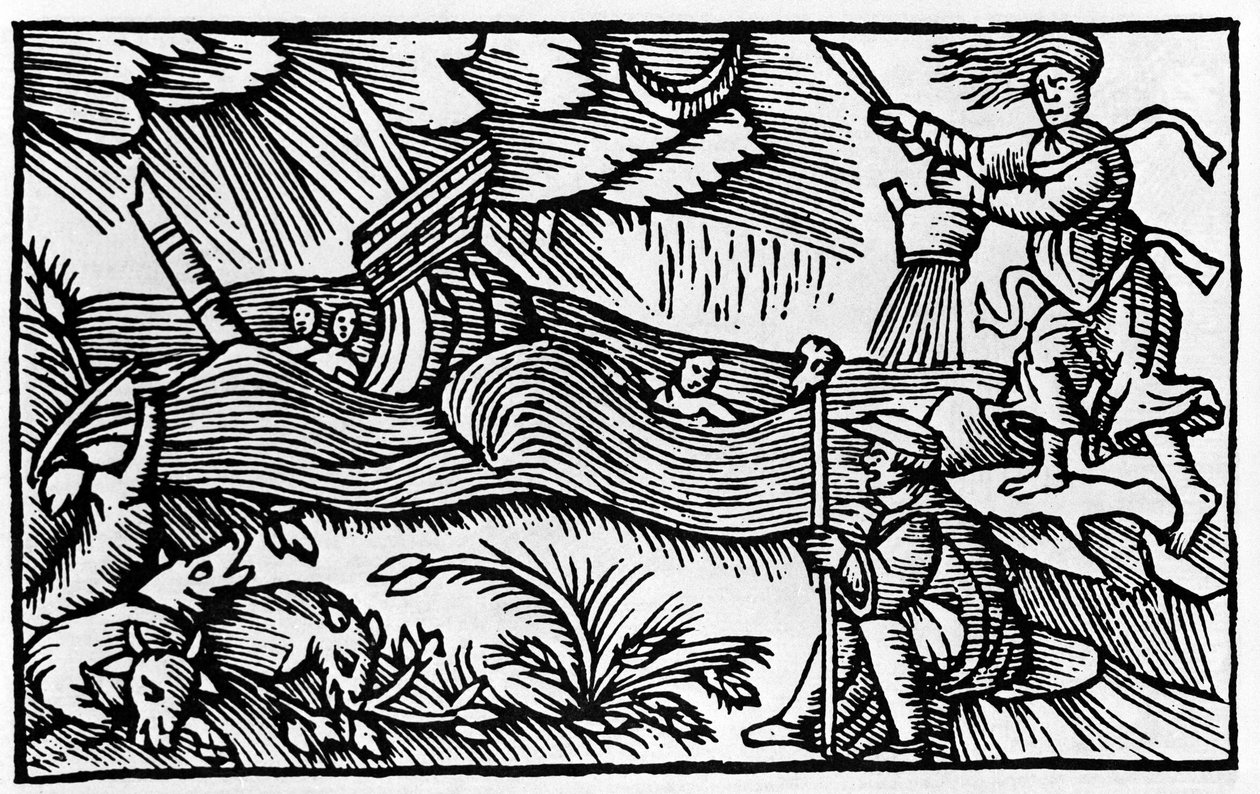 Una bruja causa una tormenta según “Historia de gentis nortentrionalibu” de Olaus Magnus, Roma 1555 de Unknown artist