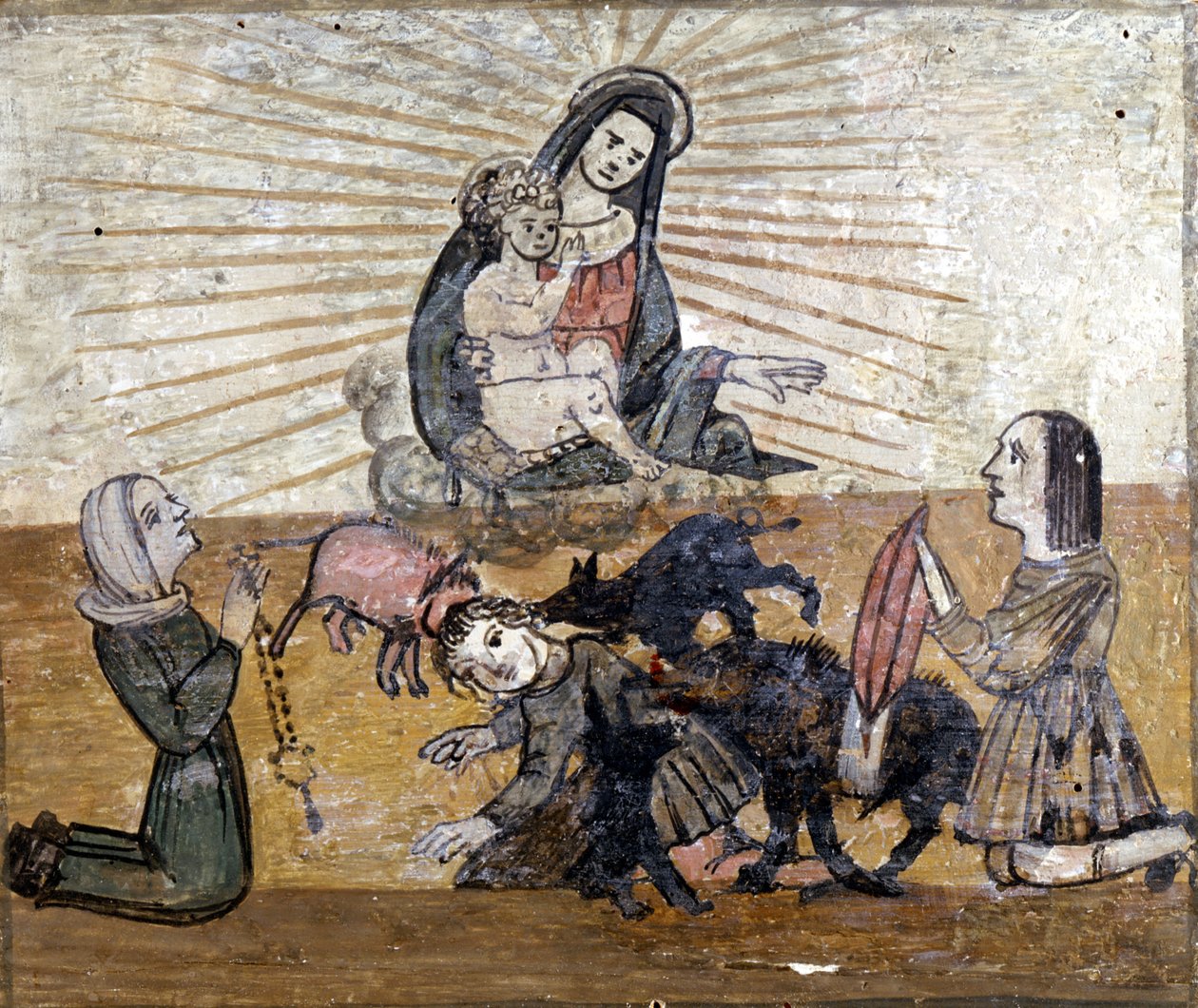 Un joven atacado por un grupo de cerdos salvajes (jabalíes). Exvoto del siglo XVI del santuario de la Madonna del Monte cerca de Cesena (Forlì). de Unknown artist