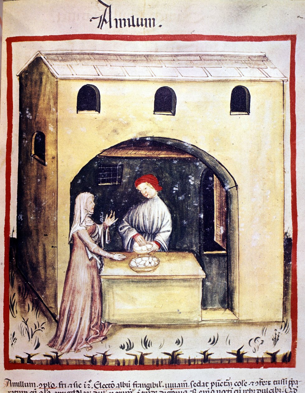 Una joven compra huevos a un comerciante. Iluminación del libro de medicina y dietética “Tacuinum sanitatis” de Unknown artist