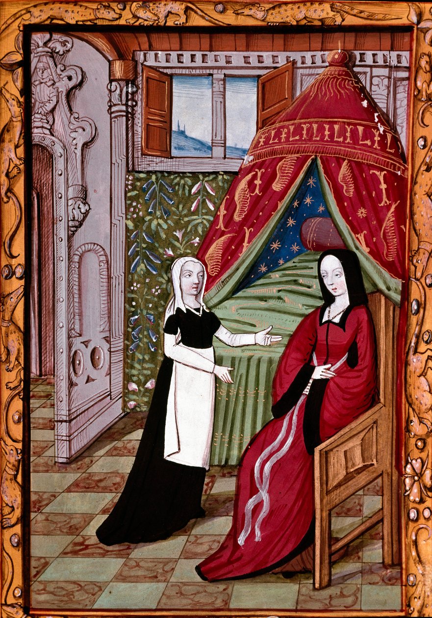 Una joven, probablemente Louise Laval (fallecida en 1480), en su dormitorio con su sirviente (miniatura de 
