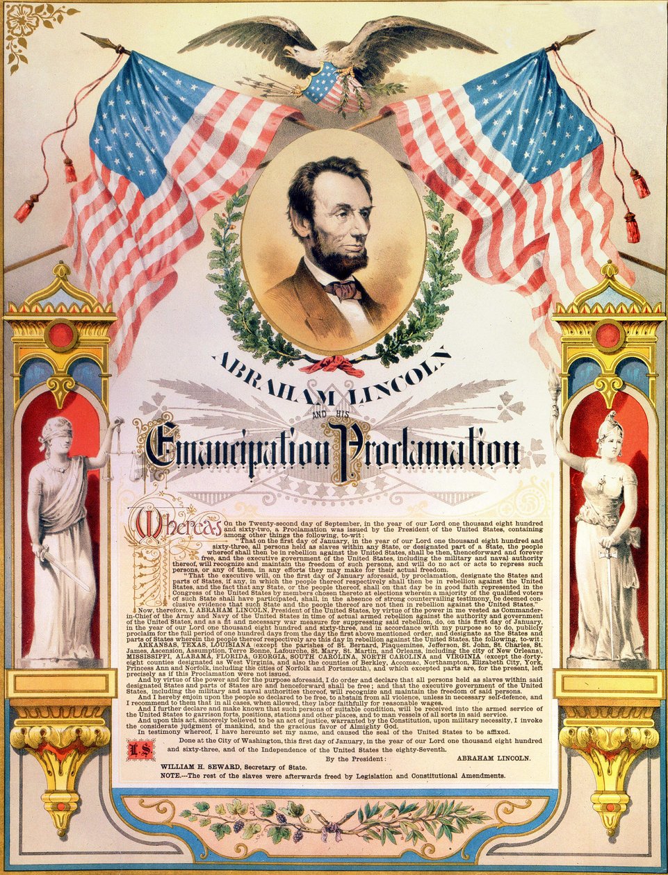 Abraham Lincoln y su proclamación de la Emancipación de los esclavos (banderas y águila). 22/09/1862. de Unknown artist