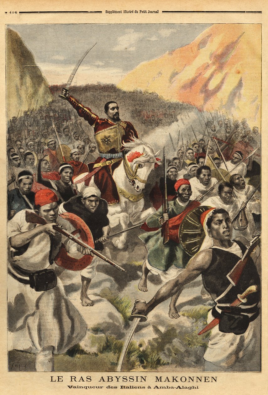 Ras abisinio Ras Makonnen (Mekonnen Welde Mikael) (Abba Qagnew) (1852-1906), señor de la guerra y brazo derecho del Emperador Menelik II (1844-1913), con sus tropas, vencedor de Amba Alaghi, del ejército italiano comandado por el Mayor Toselli. Grabado en  de Unknown artist