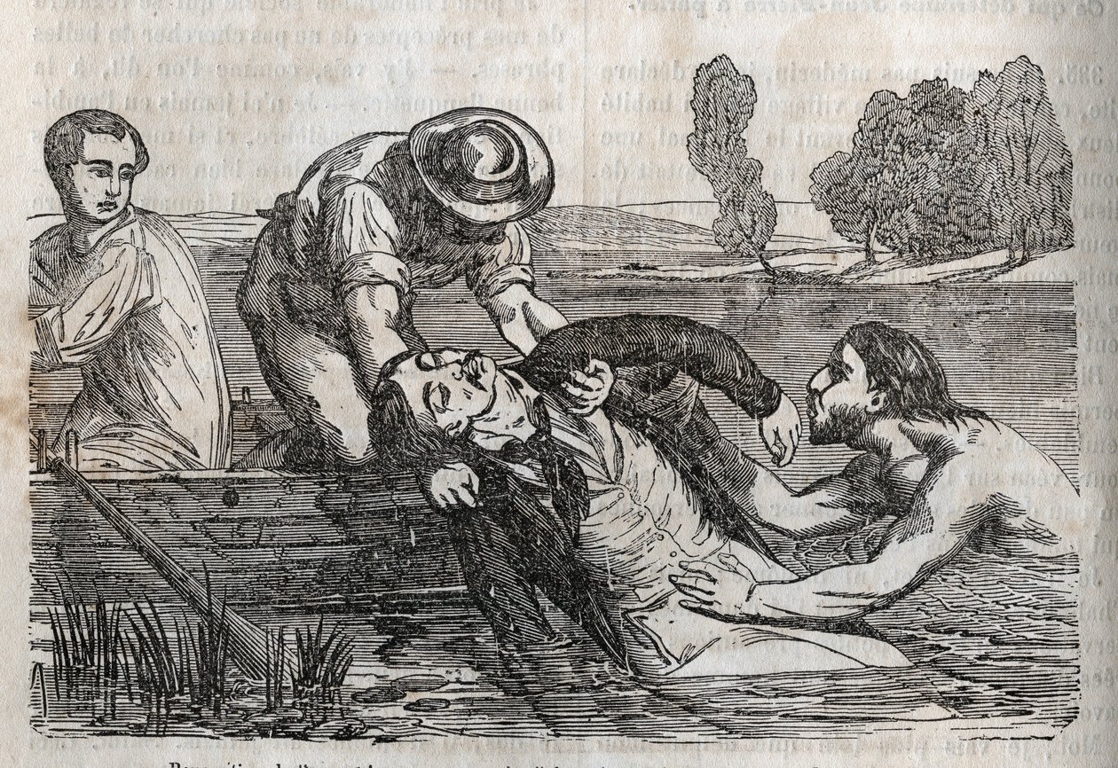 Medicina de accidentes - sobre el alivio más efectivo para los ahogados - para sacar a un hombre ahogado del agua, hay que hacerlo de la manera más conveniente posible - grabado en 