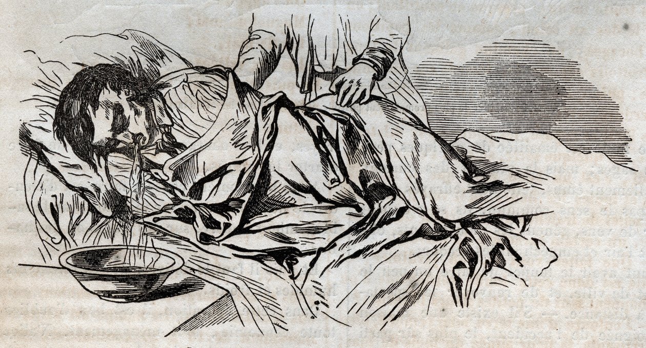 Medicina de accidentes - sobre el alivio más efectivo para dar a las personas ahogadas - los pañales de nuez en el costado y vomitando el agua que bebió - grabado en "La Santé Universelle - Guía Médica de las Familias" 1852 de Unknown artist