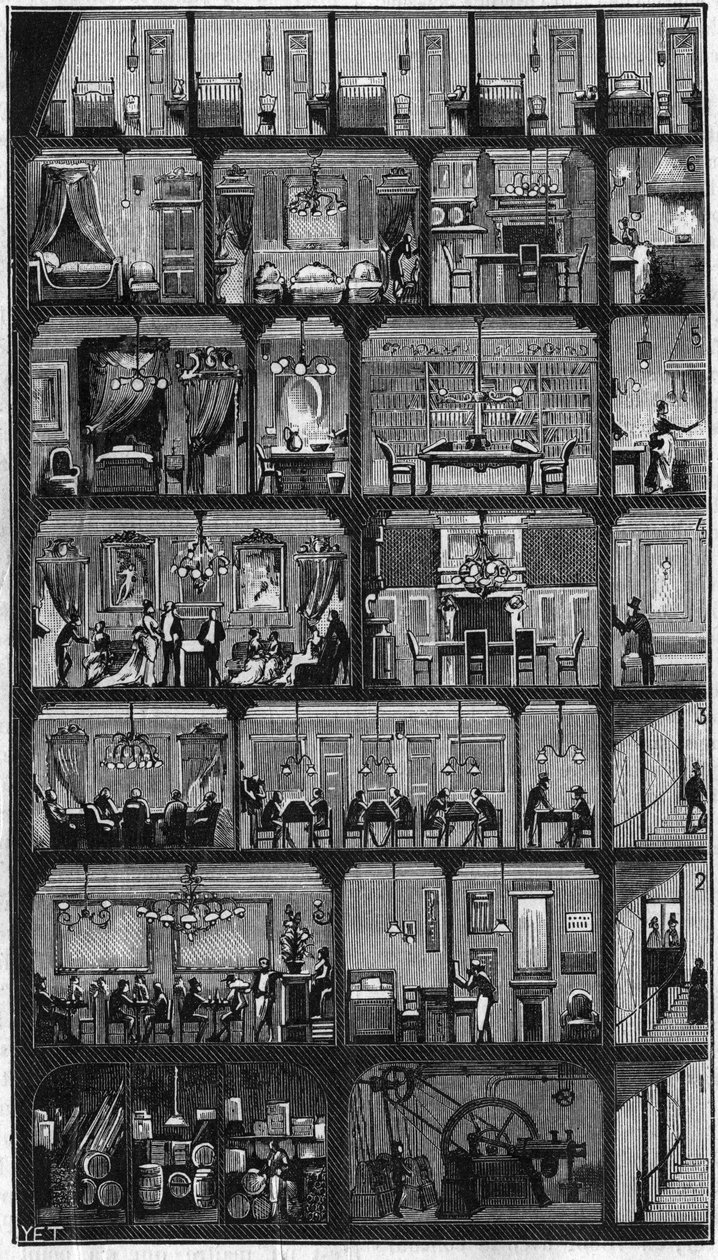 Alojamiento en París - Sección transversal de un edificio Haussmann en París en 1885. En el piso superior las habitaciones de servicio y en los otros pisos, oficinas, apartamentos y sala de recepción. Grabado en 