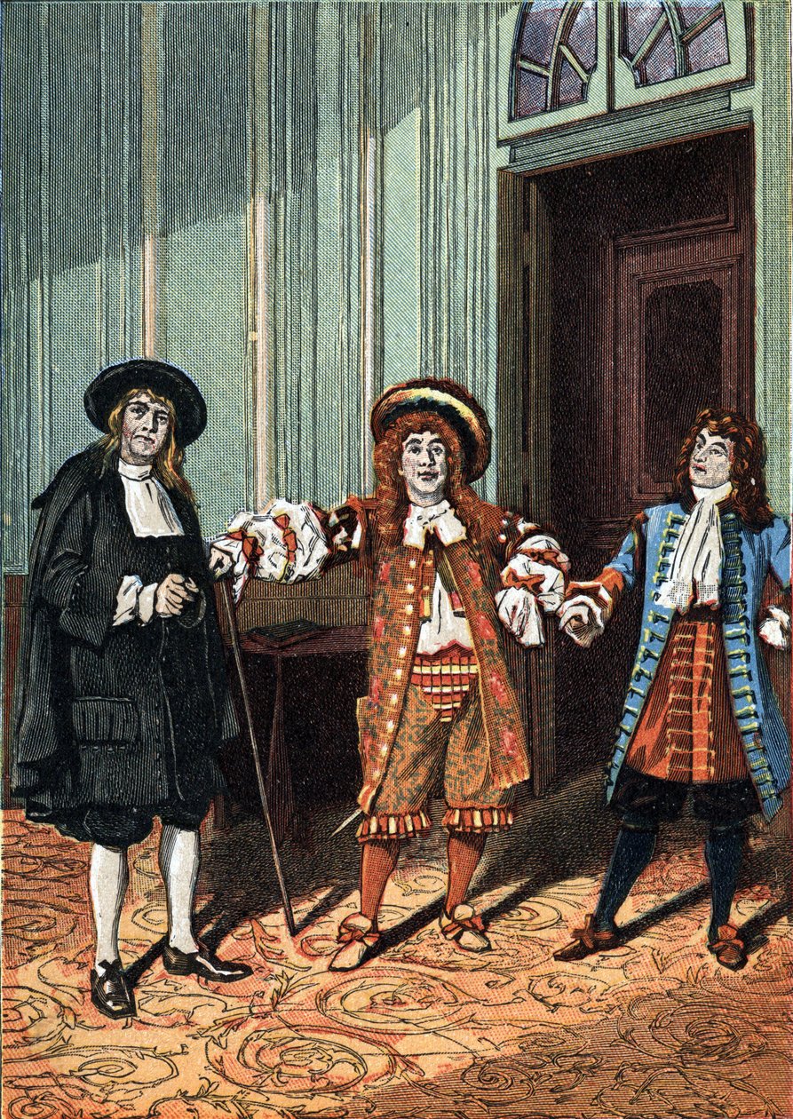 Acto II de "Le Bourgeois Gentilhomme" comedia-ballet en cinco actos en prosa de Molière. El maestro filósofo (Sr. Lenoir), el maestro de danza (Sr. Truffier), Sr. Jourdain (Sr. Coquelin joven). Alrededor de 1890. de Unknown artist