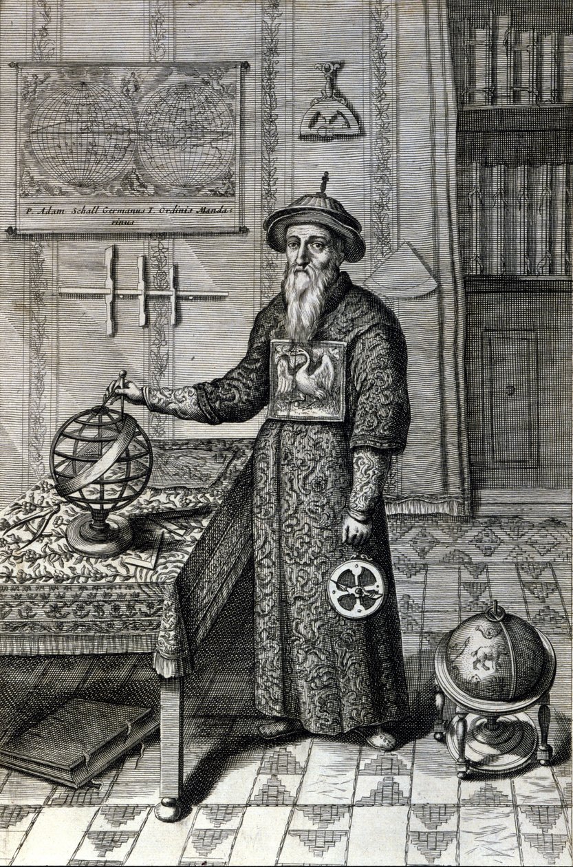 Adam Schall, astrónomo (1592-1666) con traje de mandarín en el Observatorio de Pekín, en “China” de Athanase Kircher (o Athanasius Kircheri) de Unknown artist