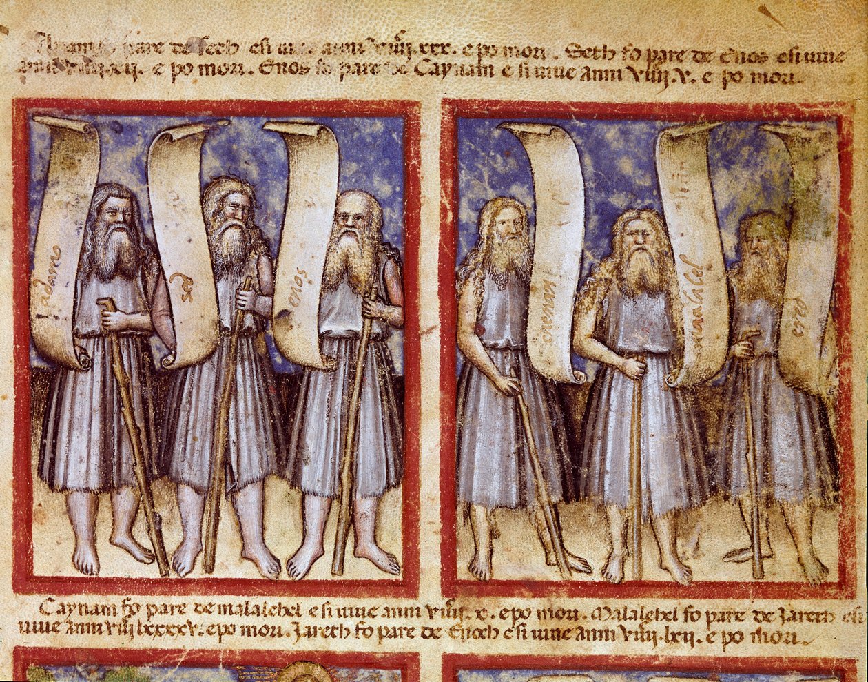 La genealogía de Adán es seguida por Seth, Enoc, Kenan, Mahalalel y Jared, los grandes patriarcas de la Biblia en miniatura tomada del códice 212 (o padovano o Biblia de Padua) 1390-1400 de Unknown artist