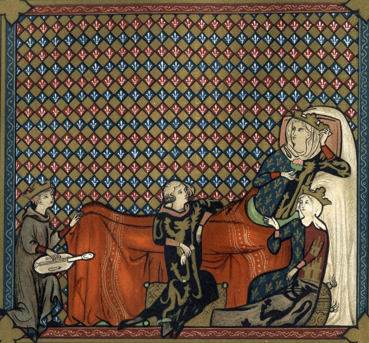Adenet le Roi (circa 1240- circa 1300), poeta y juglar, recita la novela de Cleomades, ante Mathilde de Brabant (1224-1288) y la Princesa Blanca de Castilla (hija de San Luis). Facsímil en cromolitografía del siglo XIX después de una miniatura de Unknown artist