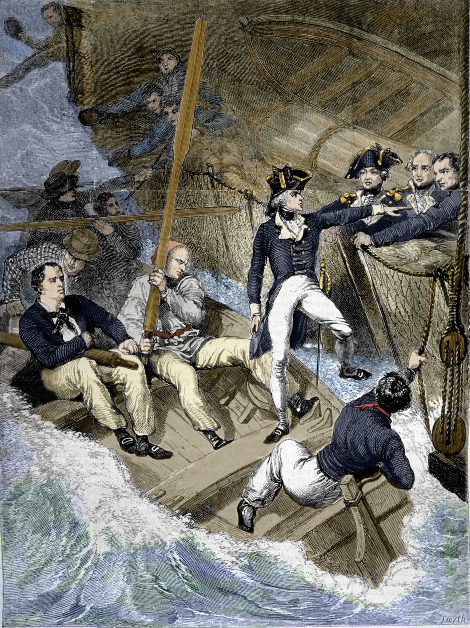 El almirante Nelson durante la batalla de Santa Cruz de Tenerife (Tenerife), Islas Canarias: “Este es mi turno ahora; si no lo creo será el tuyo...” Grabado del cuadro de West de Unknown artist
