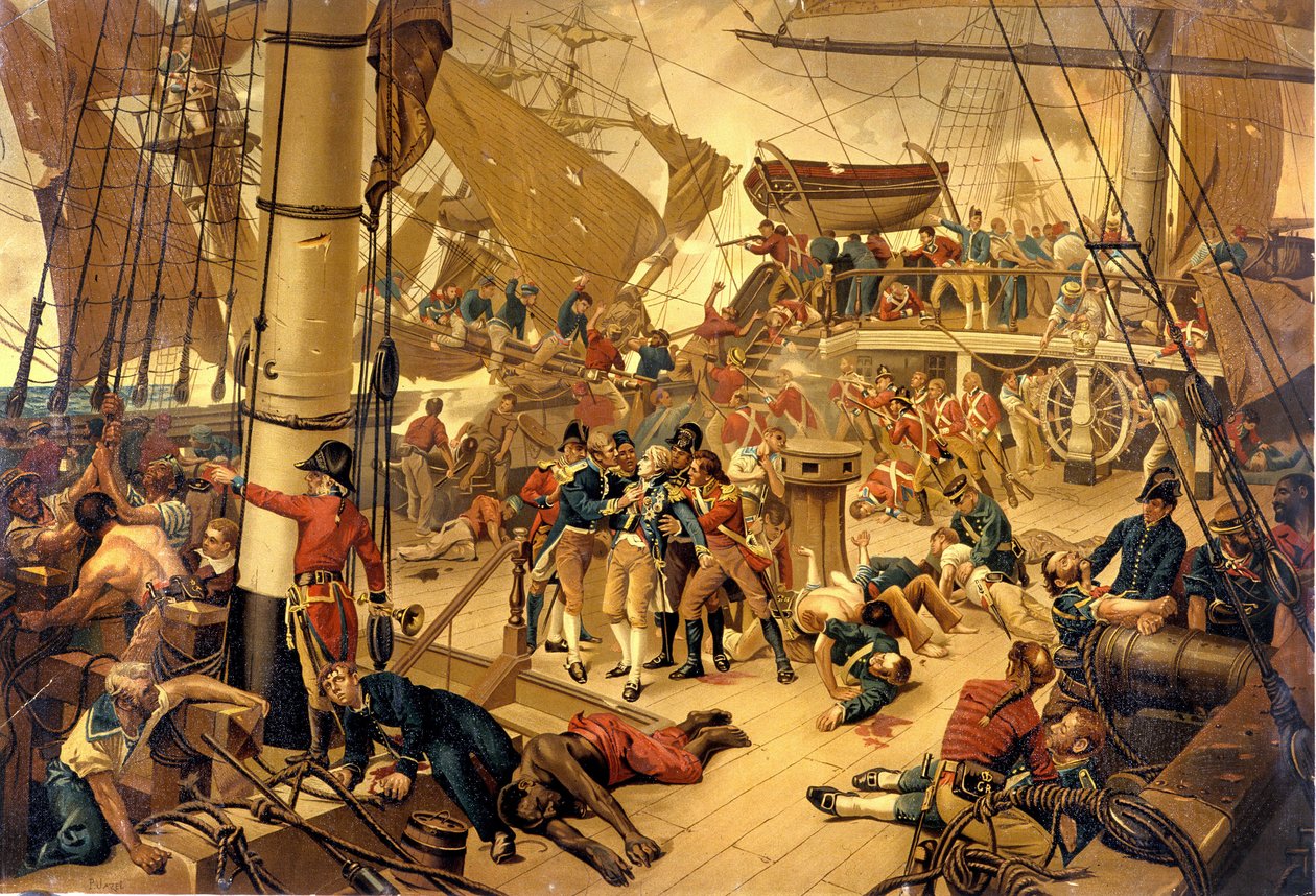 El almirante Nelson gravemente herido en el Puente de la Victoria durante la Batalla de Trafalgar el 21/10/1805 de Unknown artist