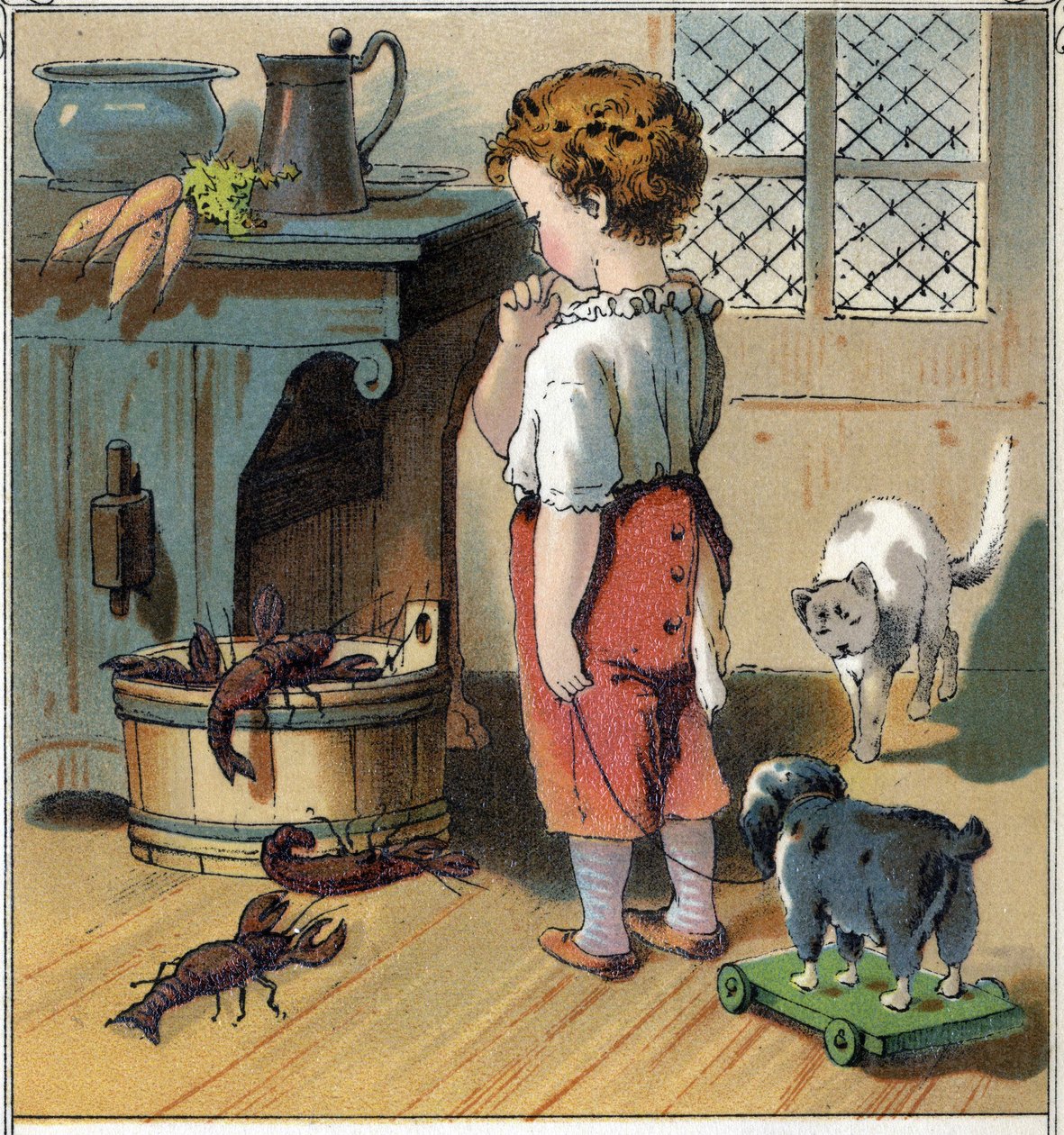 Adolphe, empujado por la curiosidad, aprovecha estar solo en la cocina para acercarse al cubo que contiene cangrejos. Uno de ellos le agarra el dedo con sus pinzas y lo lastima. Cromolitografía de “Escenas infantiles” ed. Guerin - Muller circa 1885. de Unknown artist